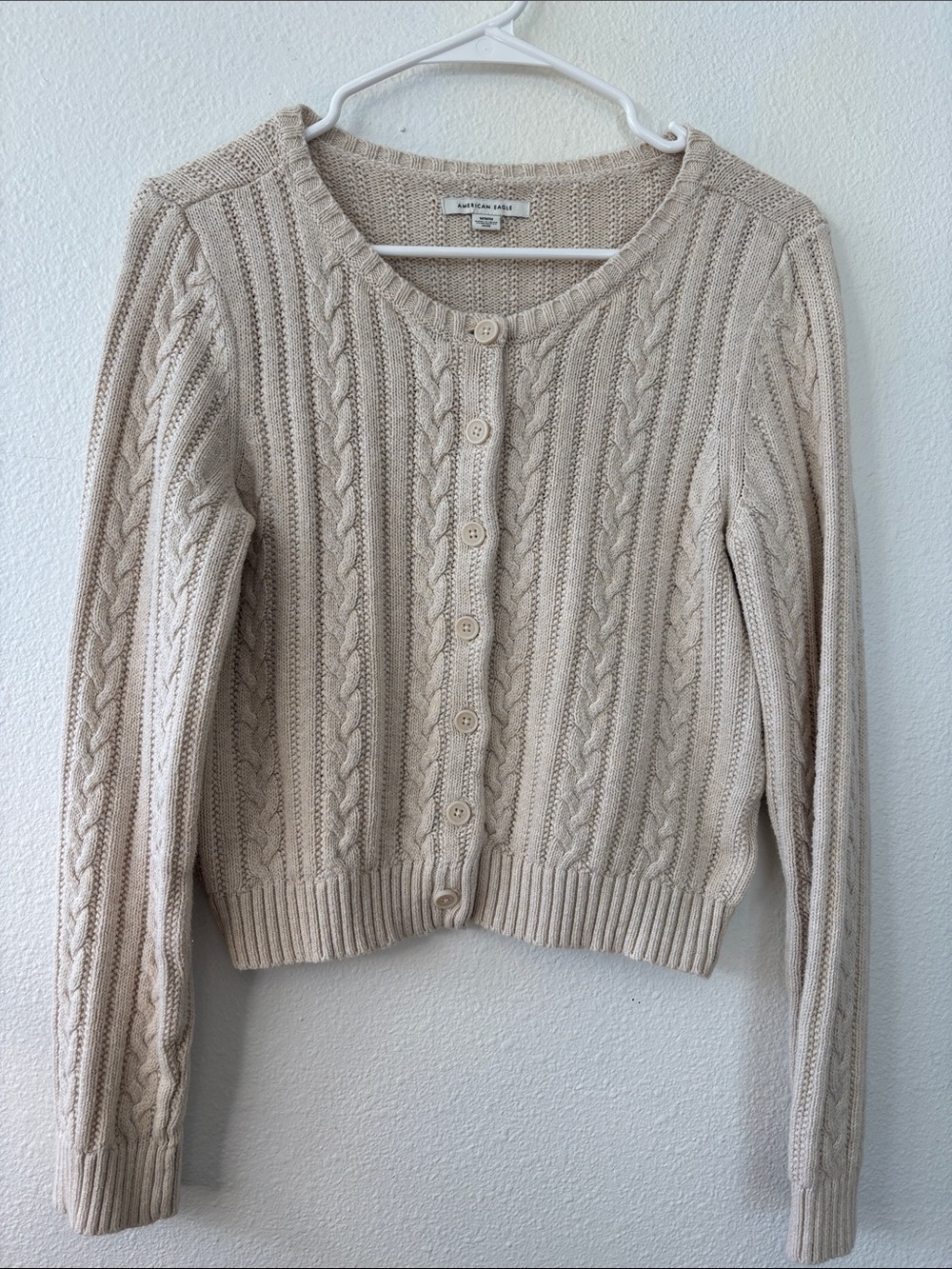 American Eagle Outfitters Cream Cotton Cable Knit Button-Up Cardigan